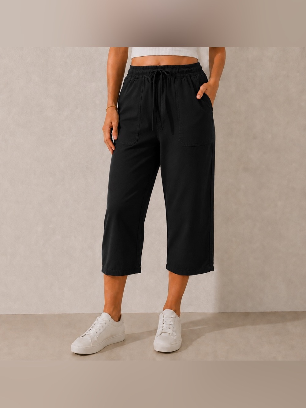 Basic Edition Women’s Tan Knit Capri Pants Drawstring Roll Cuff Casual Lounge M